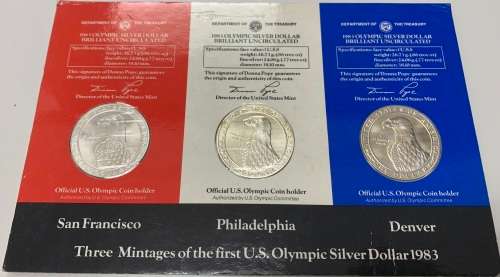 1983 The Complete 2.58oz fine silver 3 coin Silver Dollar US Olympic Set unopened