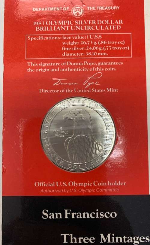 1983 The Complete 2.58oz fine silver 3 coin Silver Dollar US Olympic Set unopened