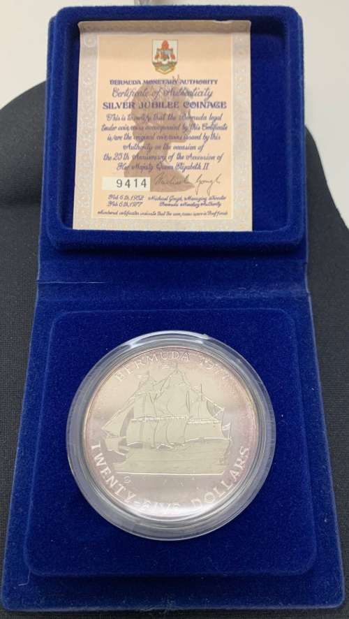 1977 $25 Bermuda 55gr (1.94oz) Proof silver coin with original box and COA rare