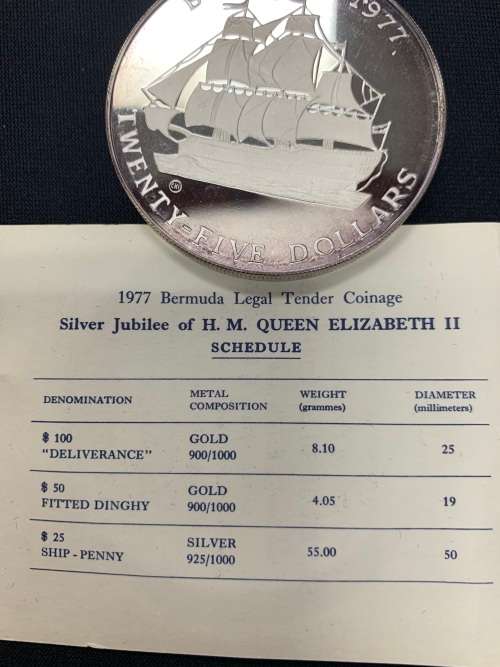 1977 $25 Bermuda 55gr (1.94oz) Proof silver coin with original box and COA rare