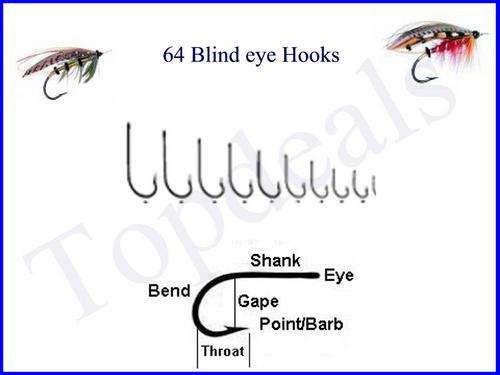 64 Fishing Hooks Size 3 - 12 (blind eye