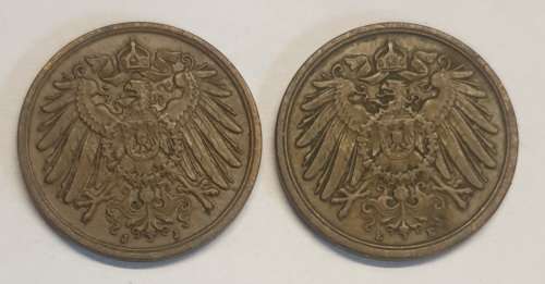 1907 AND 1908 Deutsches Reich 2 Pfennig Coins as per images BID IS FOR BOTH COINS
