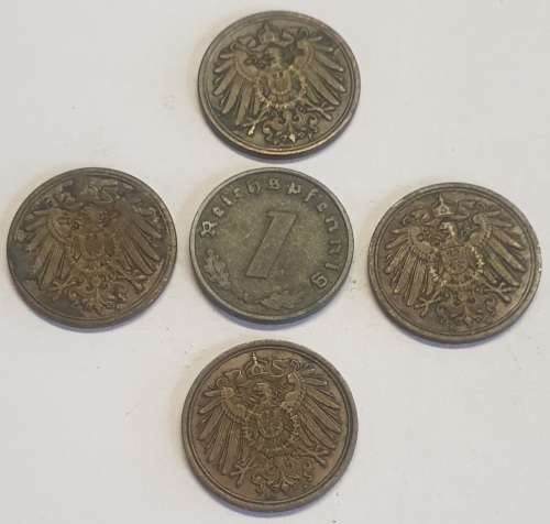 Eagle on Swastika 1940 Reichspfennig PLUS 1904,1907,1913 and 1915 One Reichspfennig