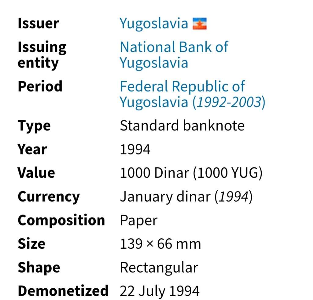 Yugoslavia 1000 Dinar  Crisp as new AA Serial No. Banknote as per images !!!