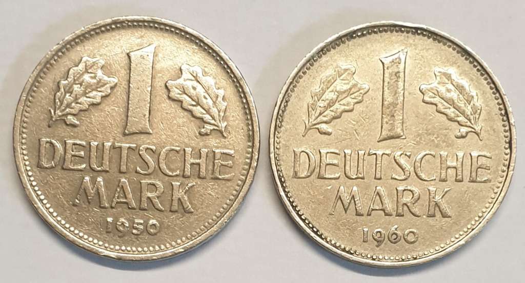 1950 and 1960 One Deutsche Mark coins as per images !!Bid is for the pair !!!