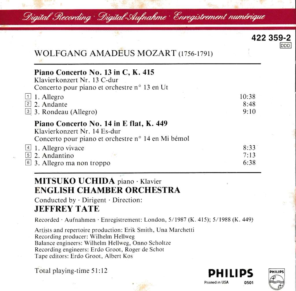 Mozart: Piano Concertos No 13 KV 415, No 14 KV 449 - Mitsuko Uchida: English Chamber Orchestra