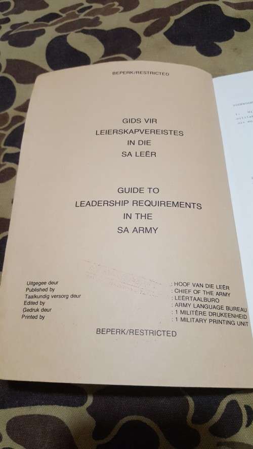 SADF era SA Army Military Leadership manual bi-lingual in Eng and Afr (very good used condition) A5