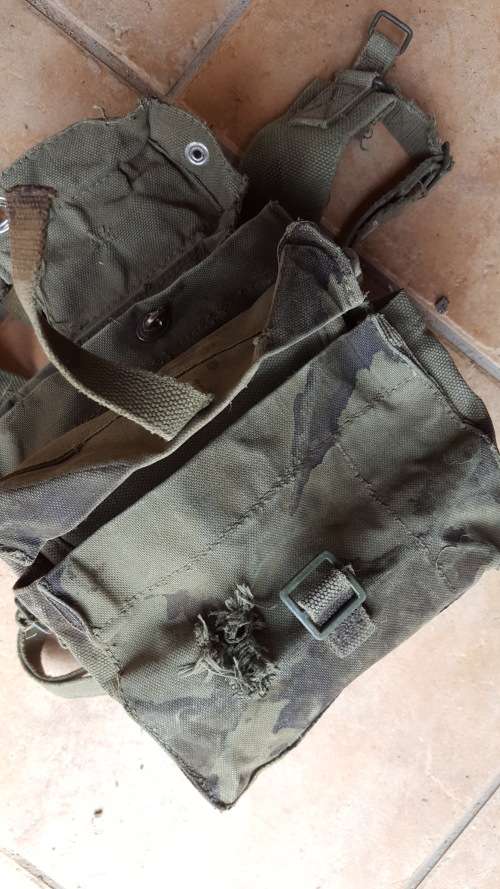 original used SADF patt 70/73 olive green canvas A-53 radio carry webbing backpack - stains