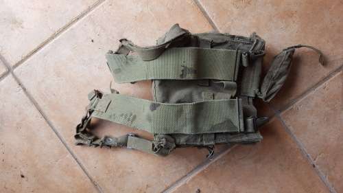 original used SADF patt 70/73 olive green canvas A-53 radio carry webbing backpack - stains