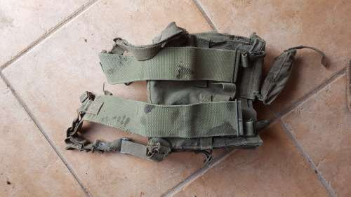 original used SADF patt 70/73 olive green canvas A-53 radio carry webbing backpack - stains