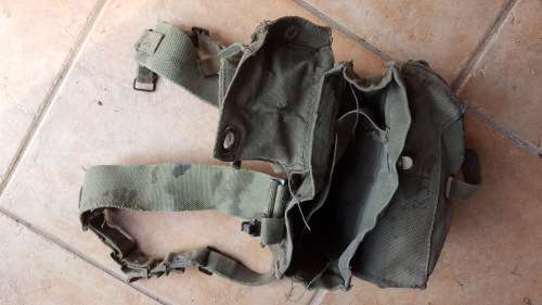 original used SADF patt 70/73 olive green canvas A-53 radio carry webbing backpack - stains