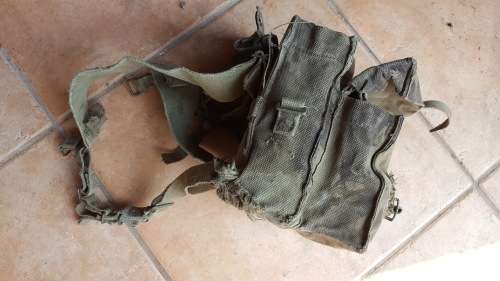 original used SADF patt 70/73 olive green canvas A-53 radio carry webbing backpack - stains