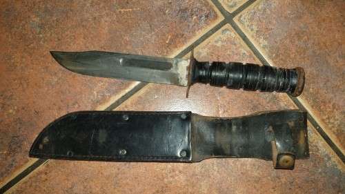 SADF era SA SF issued & used Recce sterile Ka-Bar fighting knife in sheath - good used condition