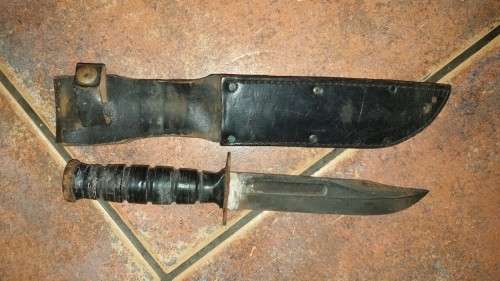 SADF era SA SF issued & used Recce sterile Ka-Bar fighting knife in sheath - good used condition