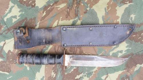 SADF era SA SF issued & used Recce sterile Ka-Bar fighting knife in sheath - good used condition