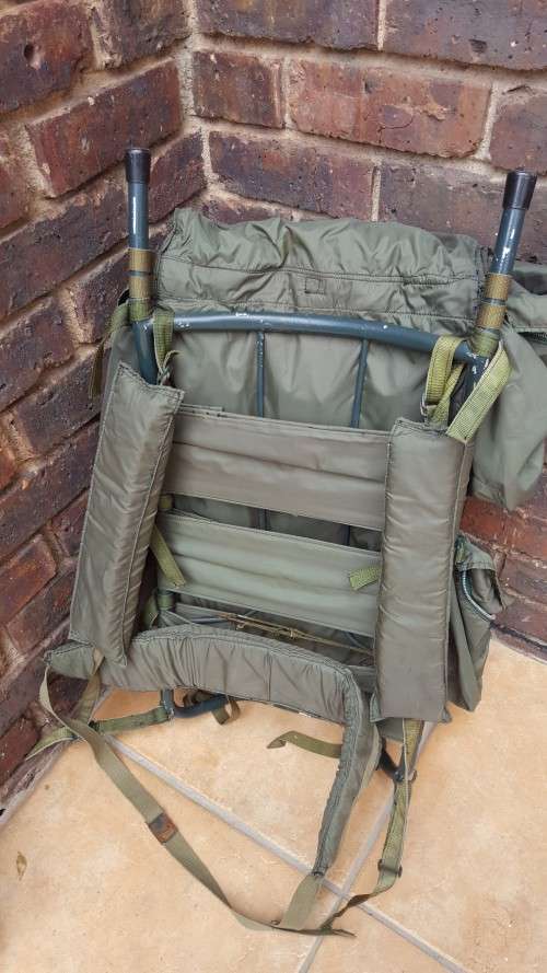 used & issued (named) Rhodesian era olive green hiking bag "pack" with H-frame - good condition