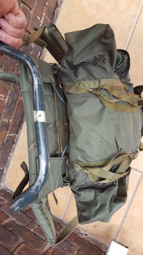 used & issued (named) Rhodesian era olive green hiking bag "pack" with H-frame - good condition