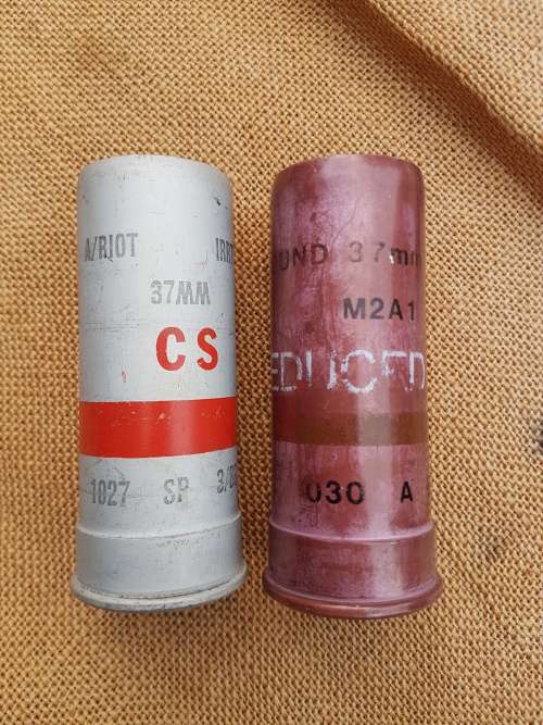 2 x SADF/ SAP era `township` duty keepsakes - empty innert 100% safe 37mm empty stopper-gun ammo ca