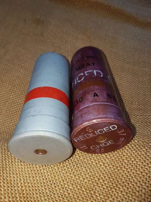 2 x SADF/ SAP era `township` duty keepsakes - empty innert 100% safe 37mm empty stopper-gun ammo ca