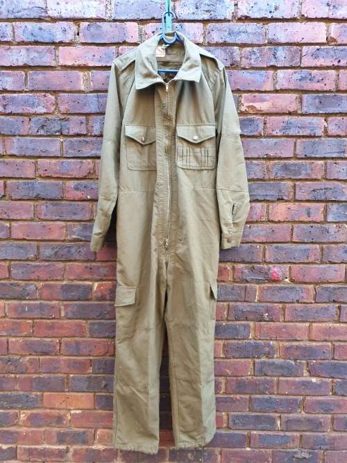 early bushwar era SADF issue olive green AFV crew-man`s fire-resistant one-piece overall size small