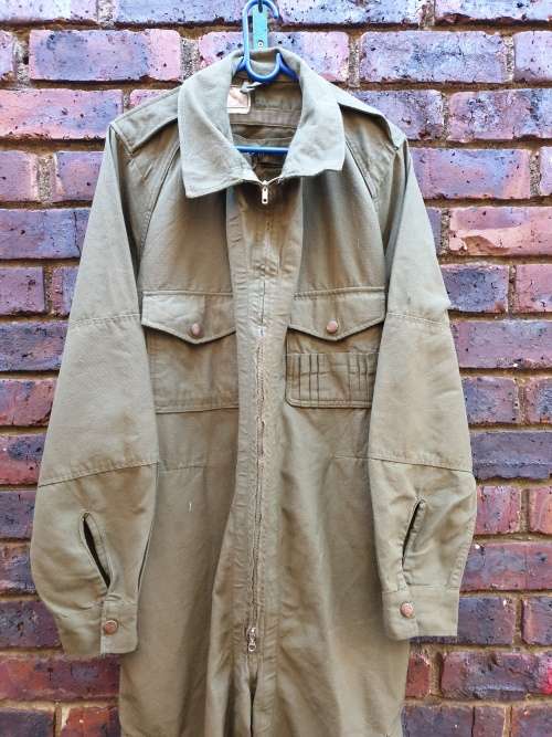 early bushwar era SADF issue olive green AFV crew-man`s fire-resistant one-piece overall size small