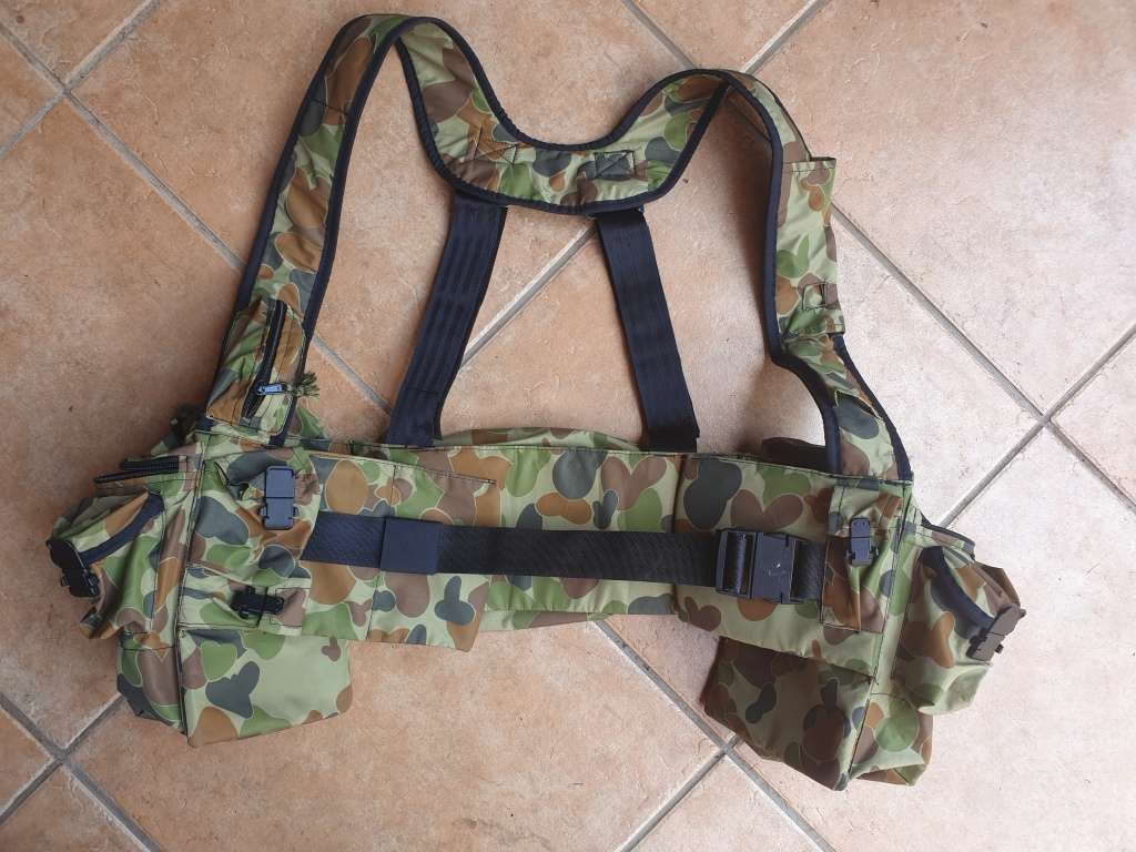 local RSA made REPRODUCTION Niemoller style SA SF model webbing as new - AUSCAM camo nylon