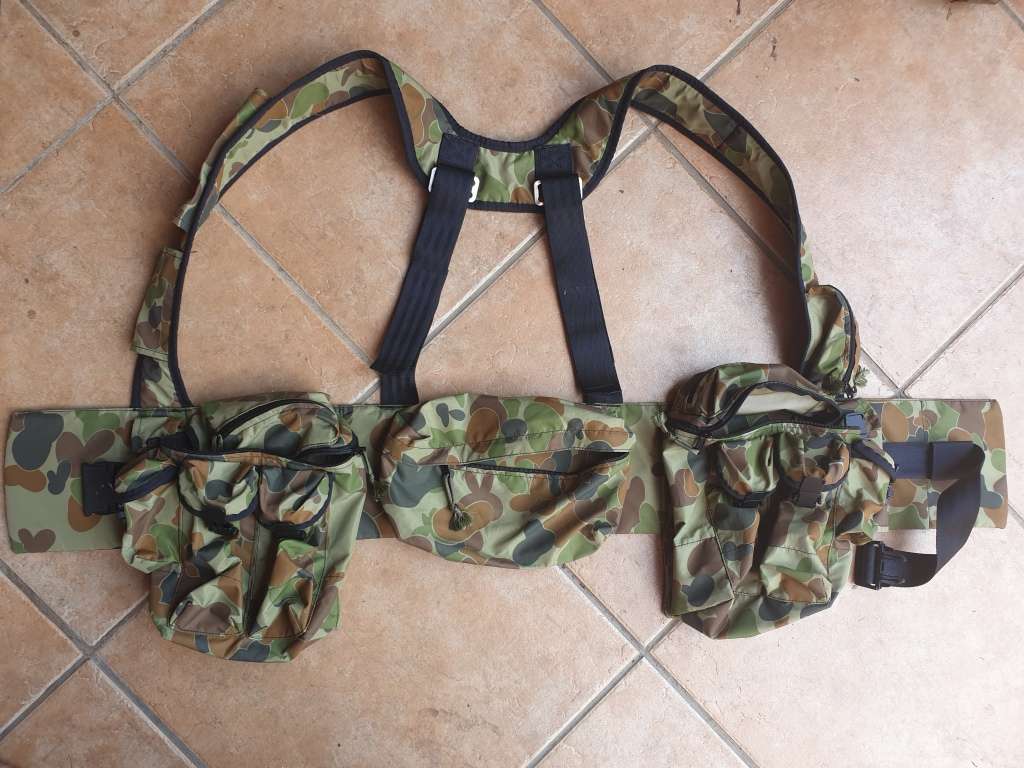 local RSA made REPRODUCTION Niemoller style SA SF model webbing as new - AUSCAM camo nylon