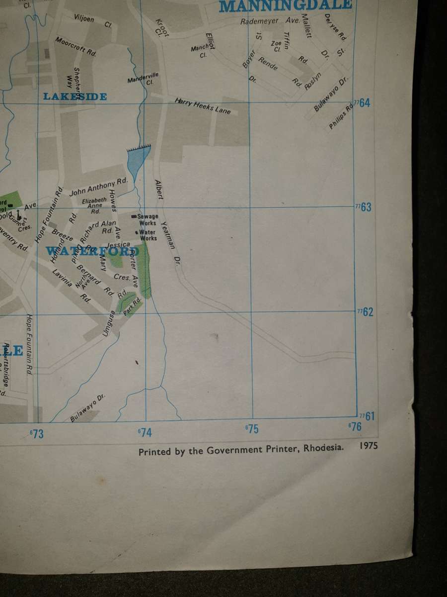 >A2 original Rhodesia (Govt) era piece dd 1975 Bulawayo street map (BSAP urban ops?) folded & intact