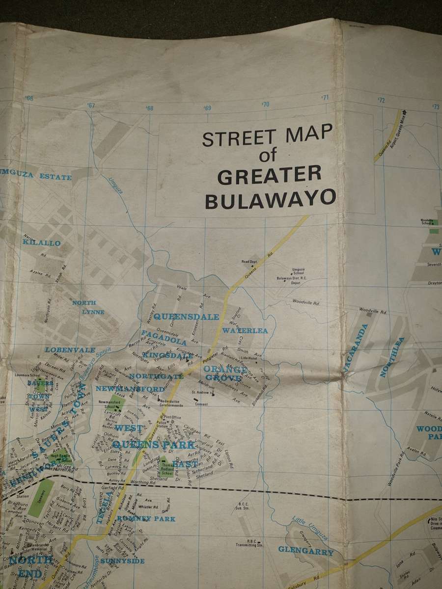 >A2 original Rhodesia (Govt) era piece dd 1975 Bulawayo street map (BSAP urban ops?) folded & intact