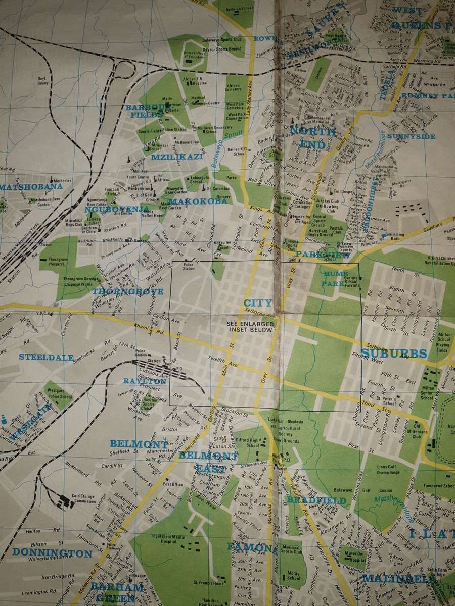 >A2 original Rhodesia (Govt) era piece dd 1975 Bulawayo street map (BSAP urban ops?) folded & intact