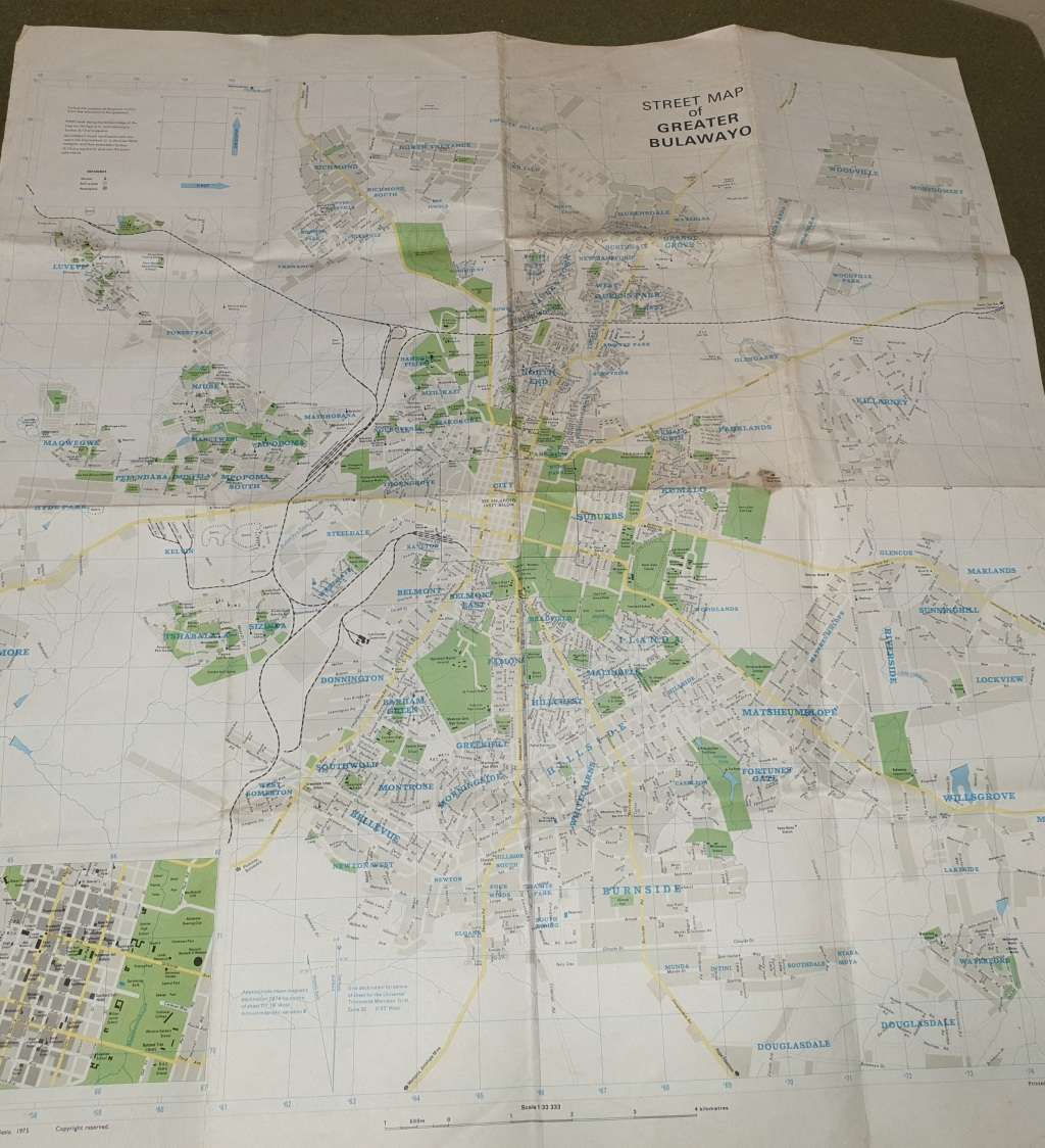 >A2 original Rhodesia (Govt) era piece dd 1975 Bulawayo street map (BSAP urban ops?) folded & intact