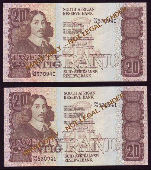 **SOUTH AFRICAN R20** DE KOCK UNC BANKNOTES IN SERIES X 2 NOTES - 3RD ISSUE!!!BRAND NEW!!!