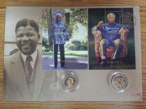 **WOW**RSA FDC 7.130 NELSON MANDELA 90th BIRTHDAY**WITH UNC SARB R5 & 2008 MANDELA R5 COIN**SEE PICS