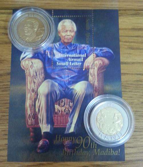 **WOW**NELSON MANDELA 90th BIRTHDAY UNC INTERNATIONAL STAMP**WITH UNC SARB R5 & 2008 MANDELA R5 COIN