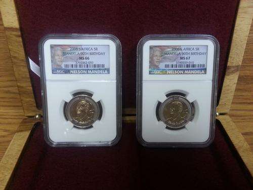 **RARE**COMBO**RSA 2008 MANDELA B-DAY MS66 & MS67 NGC GRADED COINS**IN SOLID ROSEWOOD DISPLAY BOX**