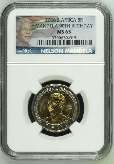**2008 MANDELA 90th B-DAY MS65 NGC GRADED COIN**LIMITED EDITION COLOR LABEL**