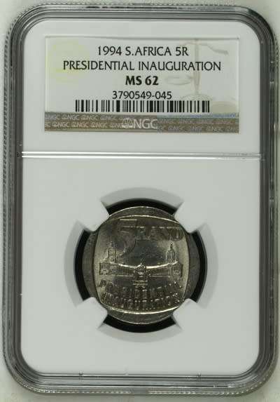 **1994 NELSON MANDELA PRESIDENTIAL INAUGURATION MS62 NGC GRADED COIN**BUILDINGS IN FRONT**