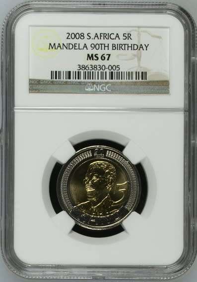 **2008 MANDELA 90th BIRTHDAY MS67 NGC GRADED COIN**THIRD FINEST KNOWN GRADE**