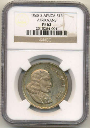**1968 SOUTH AFRICA AFRIKAANS R1 PF63 NGC GRADED**POP 1**ONLY 17 GRADED AT NGC**LAST 1 SOLD 36k**
