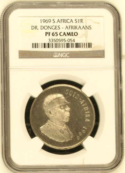 **1969 SOUTH AFRICA PROOF SILVER R1 DR. DONGES AFRIKAANS PF65 CAMEO NGC GRADED**