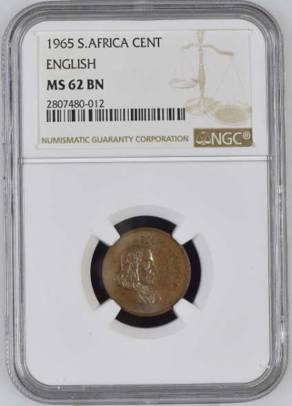 **1965 SOUTH AFRICA ENGLISH LEGEND 1 CENT MS62 BN NGC GRADED**ONLY 6 IN THIS GRADE**MINTAGE 1180**
