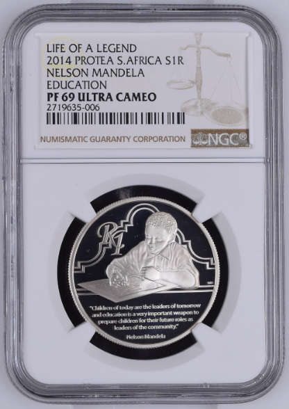 **2014 PROTEA LIFE OF A LEGEND 2: EDUCATION**NELSON MANDELA PROOF SILVER R1 PF69 NGC GRADED**COA**