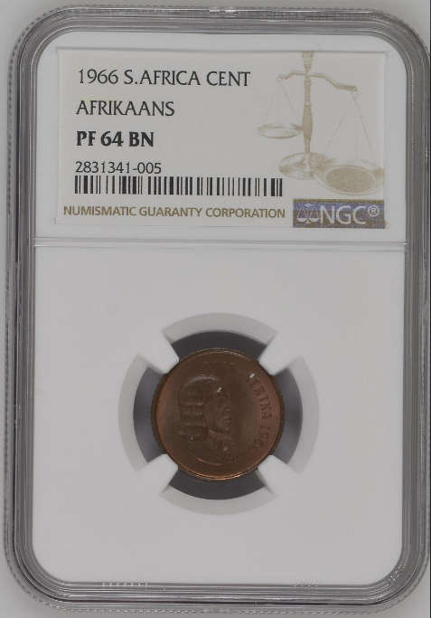 **1966 SOUTH AFRICA AFRIKAANS 1 CENT PF64 BN NGC GRADED**POP 1 ONLY**ONLY 1 GRADED BETTER IN BN**