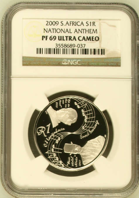 **2009 PROTEA RANGE NATIONAL ANTHEM PROOF SILVER R1 PF69 NGC GRADED**SECOND FINEST KNOWN GRADE**