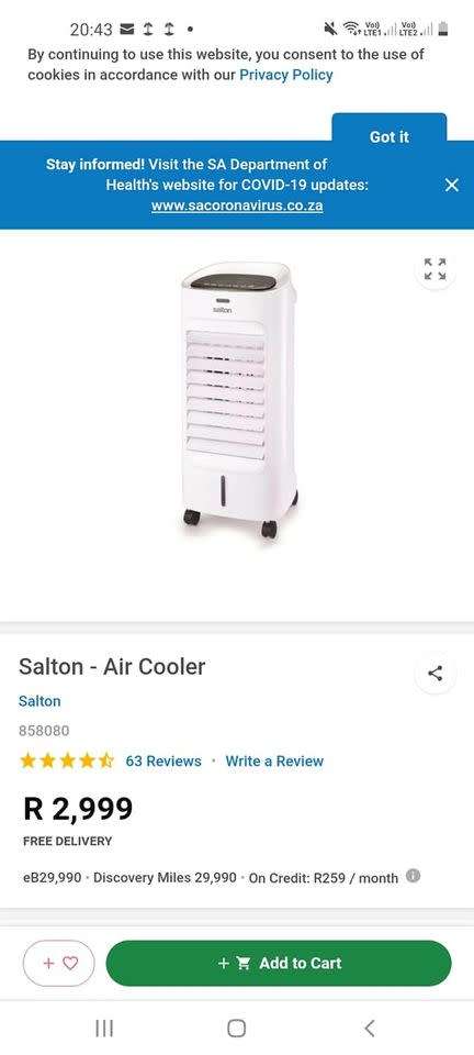 **GRAB THIS AWESOME DEAL*BRAND NEW SALTON AIR COOLER WITH REMOTE IN BOX**R2999 IN STORE**