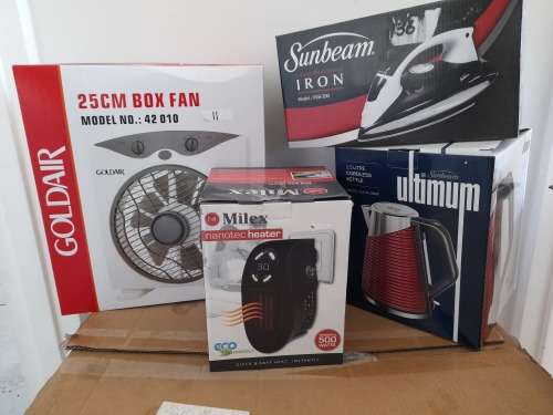 *PRE SUMMER DEAL*BULK LOT OF NEW HOUSE APPLIANCES*KETTLE,IRON, FAN, HEATER, NEW IN BOX*1 BID FOR ALL