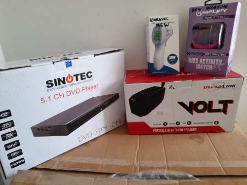 **SNAP FRI DEAL***BULK LOT OF NEW ELECTRONICS**DVD PLAYER, BT SPEAKER,SMART WATCH, THERMOMETER**