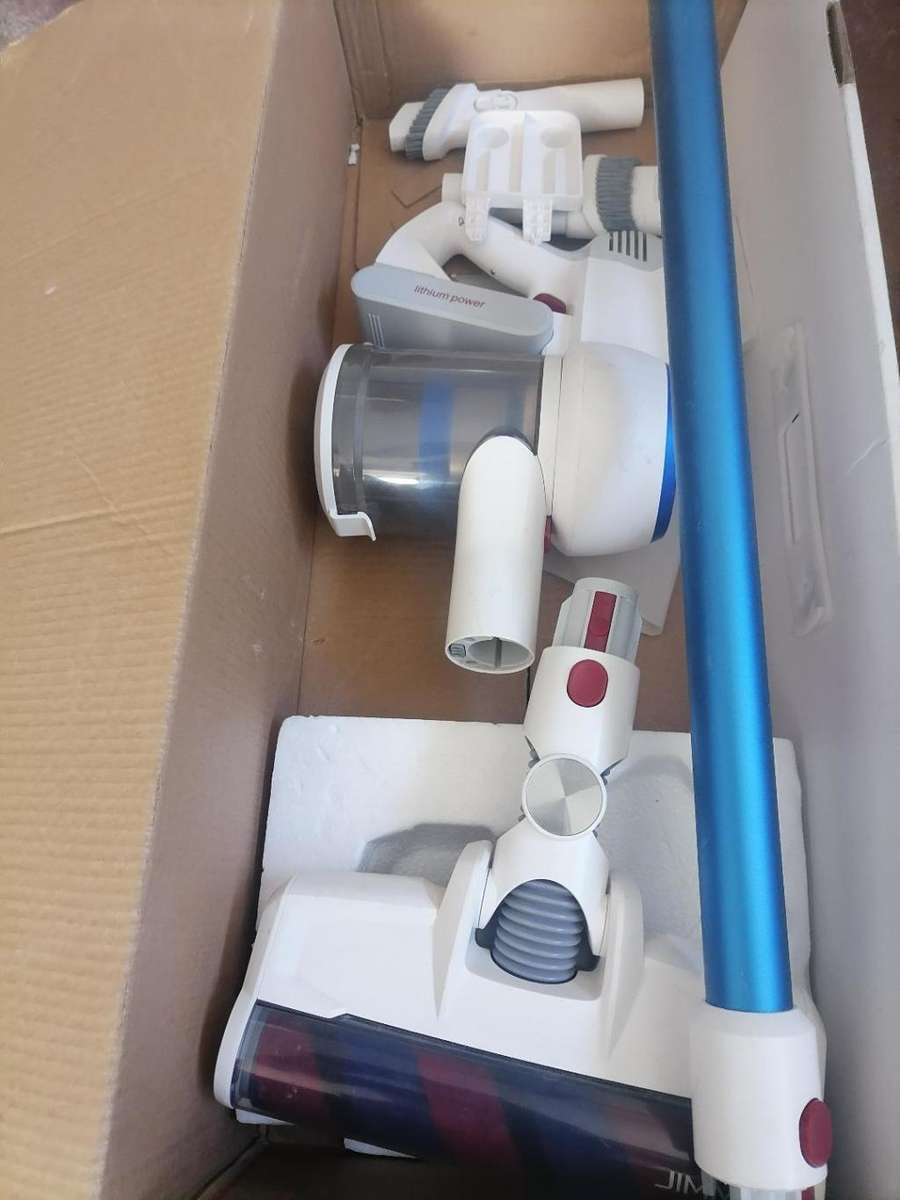 JIMMY JV 53 LITE BATTERY POWERED VACUUM IN BOX WITH ATTACHMENTS, NO CHARGER NOT TESTED