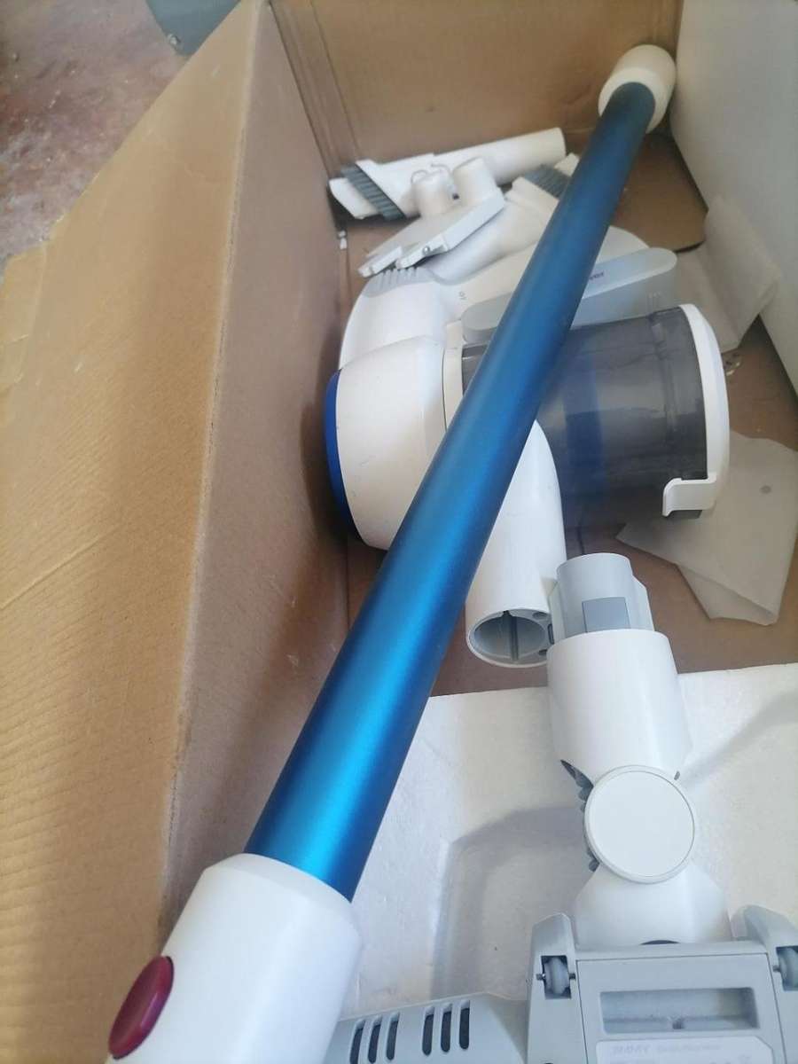 JIMMY JV 53 LITE BATTERY POWERED VACUUM IN BOX WITH ATTACHMENTS, NO CHARGER NOT TESTED