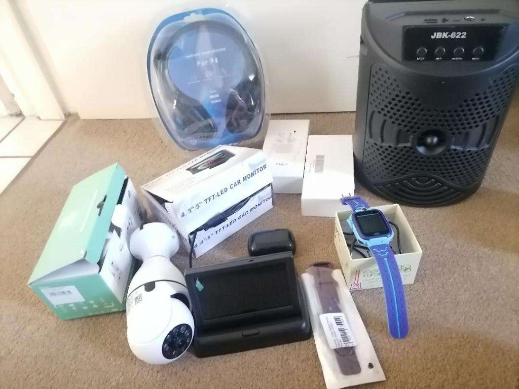 BULK LOT OF UNTESTED ITEMS,CAR LCD SCREE,PS4 HEADSET,AIR PODS,BT SPEAKER,SMART WATCH,CCTV CAMERA